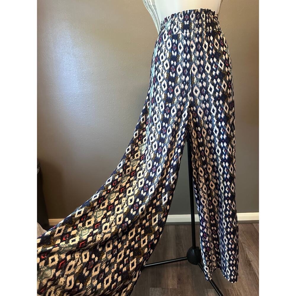 Wide Leg Palazzo Pants Women’s Elastic Waist Lightweight Ikat Print Navy Blue